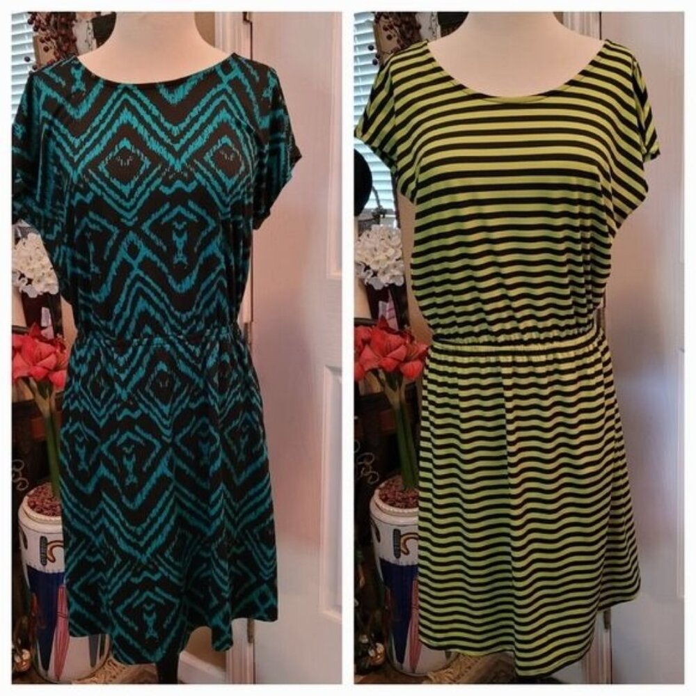 2 Bundle Ellen Tracy Dress Blue Green Black Medium Summer Cottagecore Summer